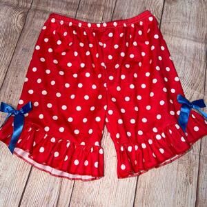 Girls 8/9 Red Polka Dot Ruffle Hem Shorts with Blue Ribbon Detail